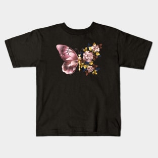 Flower Butterfly with Pink Gold Roses Kids T-Shirt